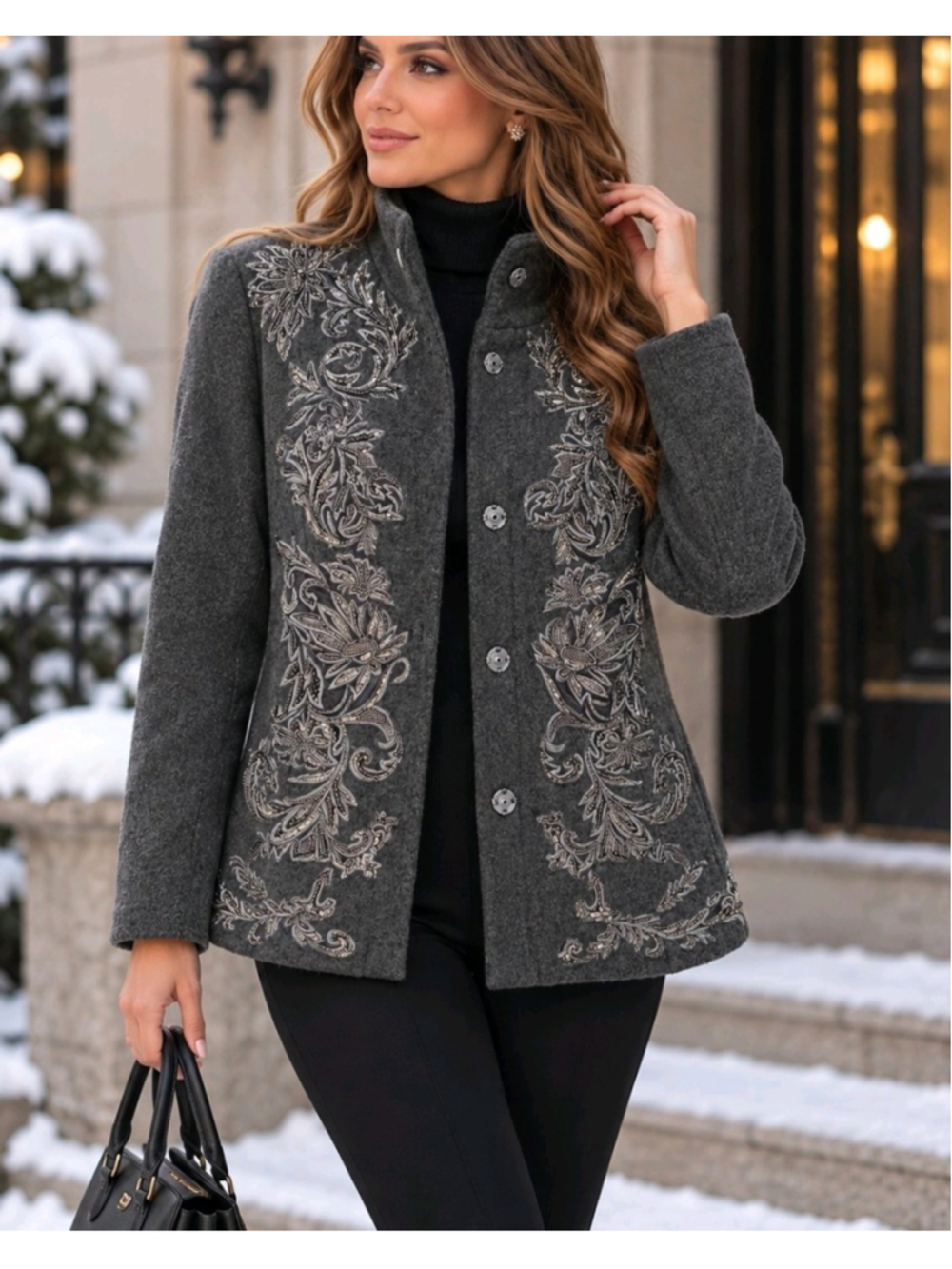 Chico's Jacket Wool Blend 8/10 Embroidered Floral Luxury Old Money Casual Cozy